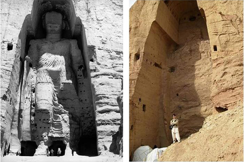 An image of one of the Buddhas of Bamiyan in Afghanistan, before and after the wilful destruction by the Taliban in 2001